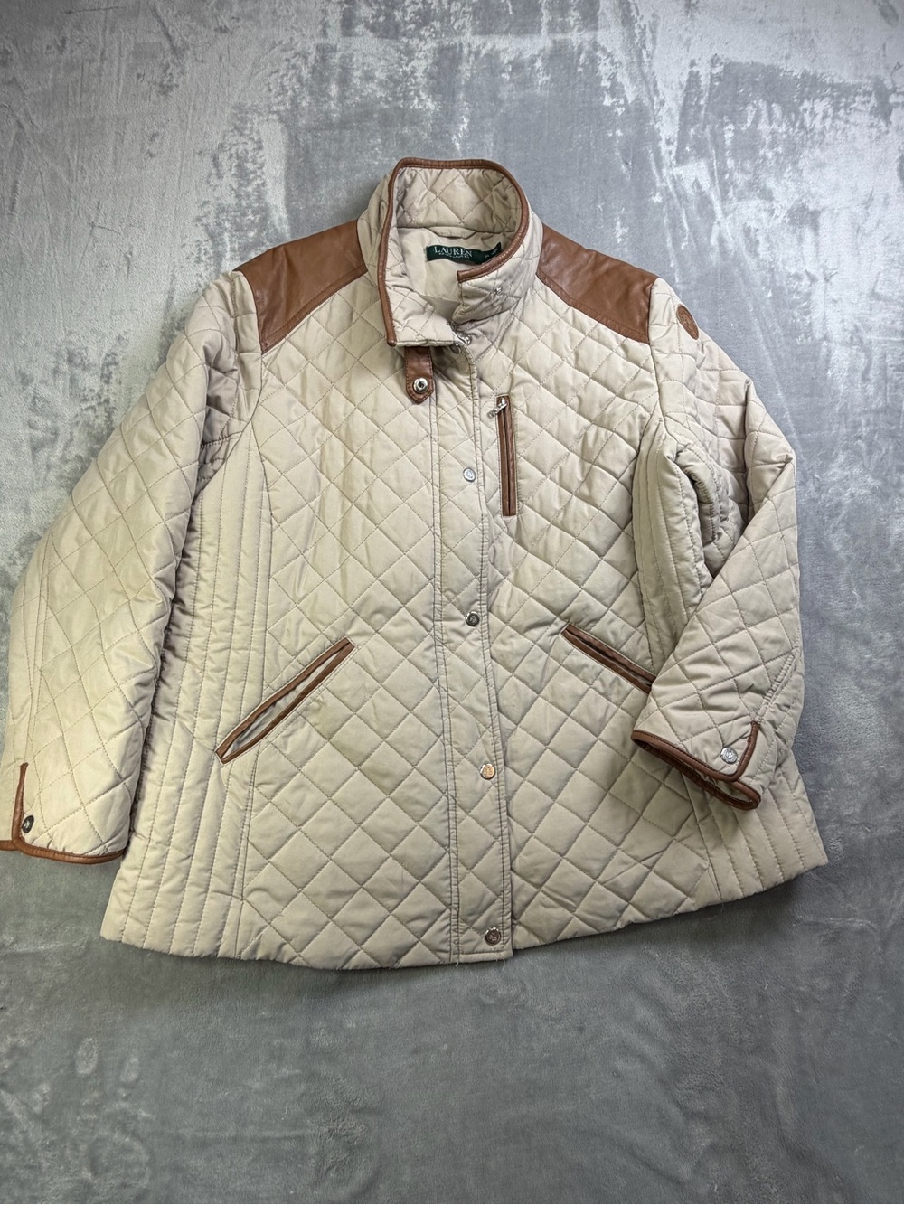 Ralph Lauren Leather Women’s Winter Quilted Cream Puffer Jacket XL Falls